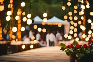 un de madera pasarela con luces y flores generado por ai foto