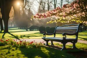 a bench sits in the middle of a park with flowers. AI-Generated photo