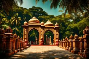 an archway in the middle of a park with palm trees. AI-Generated photo