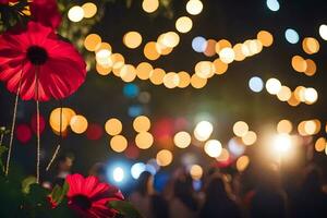 red flowers in the dark with lights in the background. AI-Generated photo