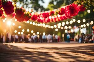 a wedding party is seen under a string of red flowers. AI-Generated photo