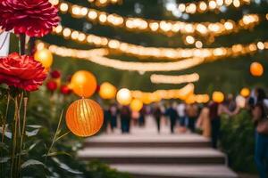 a walkway with red flowers and paper lanterns. AI-Generated photo