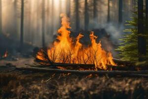 un fuego quemaduras en el bosque. generado por ai foto