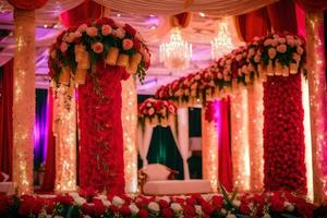 a wedding stage decorated with red and white flowers. AI-Generated photo