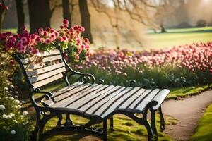 un banco se sienta en un parque rodeado por flores generado por ai foto