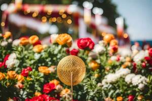 a golden ball in the middle of a field of flowers. AI-Generated photo