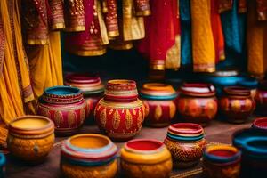 colorful pots and vases on display in a market. AI-Generated photo