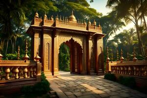 an ornate gate in the middle of a lush jungle. AI-Generated photo