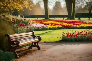 a park bench is in front of a field of tulips. AI-Generated photo