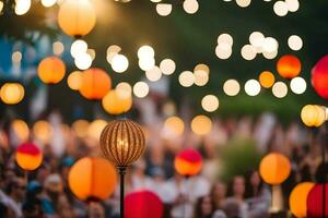 many colorful paper lanterns are in the middle of a crowd. AI-Generated photo