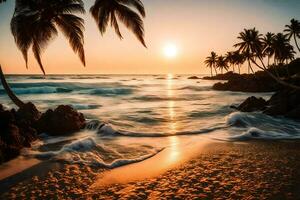 the sun sets on the ocean and the waves crash on the beach. AI-Generated photo
