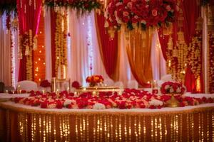 a wedding reception table with red and gold decorations. AI-Generated photo