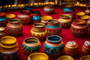 colorful pots and vases on a red table. AI-Generated photo