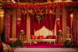 an indian wedding ceremony with red and gold decor. AI-Generated photo