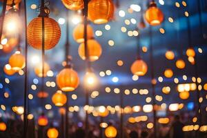 many orange lanterns hanging from strings. AI-Generated photo