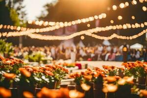 un grande grupo de personas a un al aire libre boda. generado por ai foto