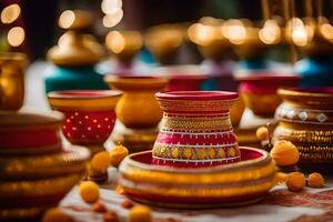many colorful pots and bowls are arranged on a table. AI-Generated photo