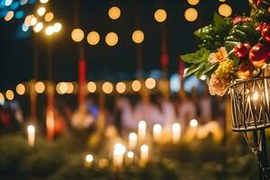 a basket with flowers and candles in front of a crowd. AI-Generated photo