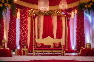 a red and gold wedding stage with gold and red decorations. AI-Generated photo