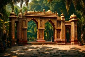 an ornate entrance to a temple in the jungle. AI-Generated photo