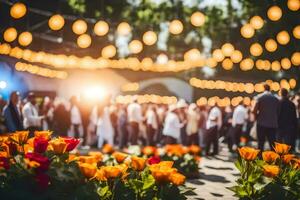 a crowd of people at a wedding reception with flowers. AI-Generated photo