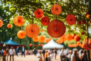 orange paper lanterns hanging from trees. AI-Generated photo