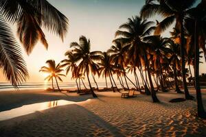 un playa a puesta de sol con palma arboles y arena. generado por ai foto