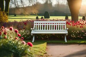 a white bench sits in a garden surrounded by flowers. AI-Generated photo