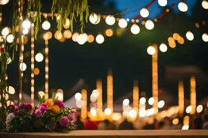 a table with flowers and lights in the background. AI-Generated photo