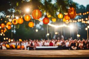 a group of people sitting in a circle with lanterns hanging from the trees. AI-Generated photo