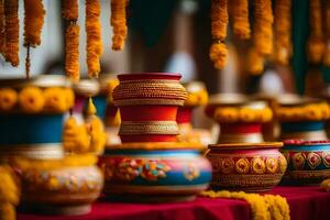 colorful pots and bowls on a table with yellow and orange decorations. AI-Generated photo