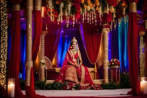 a bride sitting on a red and gold throne. AI-Generated photo