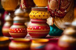 many colorful pots and vases are on display. AI-Generated photo
