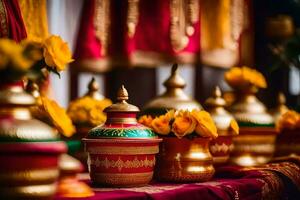 gold and red vases with flowers on a table. AI-Generated photo