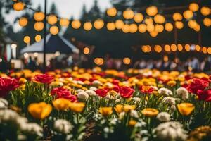 a field of flowers with lights hanging from the ceiling. AI-Generated photo