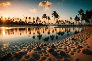the sun sets on the beach and the reflection of the palm trees is reflected in the water. AI-Generated photo