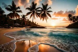 el playa a puesta de sol con palma arboles y ondas. generado por ai foto