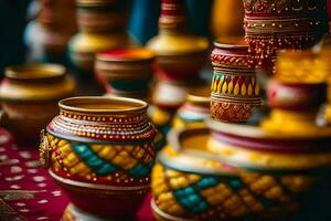 colorful pots and vases on display at a wedding. AI-Generated photo