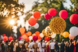 many people are standing in a crowd with paper lanterns. AI-Generated photo