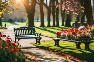 a park bench with flowers in a flower planter. AI-Generated photo