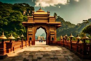 a beautiful temple in the mountains with a gate. AI-Generated photo