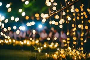 a group of people standing in front of a string of lights. AI-Generated photo