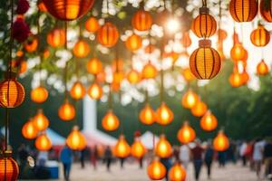 orange paper lanterns hanging from trees in a park. AI-Generated photo