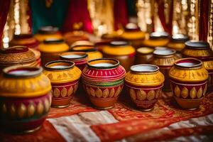 many colorful pots sitting on a table. AI-Generated photo