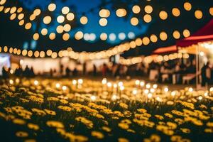 un campo con flores y luces a noche. generado por ai foto