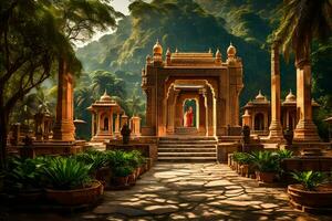 ancient temple in the jungle with trees and plants. AI-Generated photo