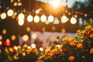 orange flowers in the sun with lights. AI-Generated photo