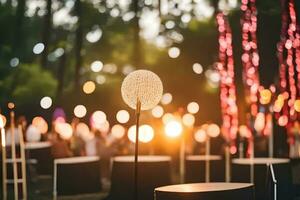 un mesa con luces y un lámpara en el medio. generado por ai foto