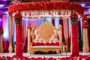 a wedding stage with red and gold decorations. AI-Generated photo