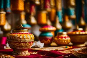 indian wedding decor with colorful lanterns. AI-Generated photo